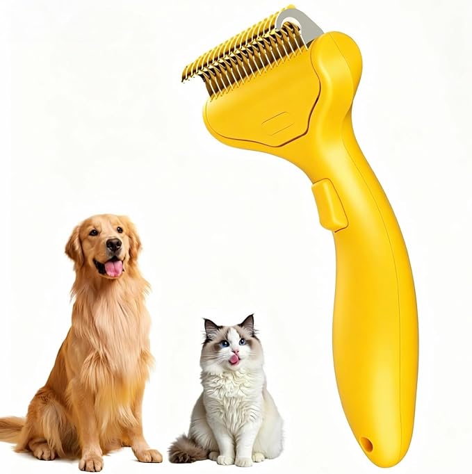 Undercoat Rake for Dogs & Cats, Deshedding Brush for Long haired Pets,Cat Brush for Shedding with Release Button,Best Dematting Comb&Deshedding Tool for Grooming (Lemon Yellow)