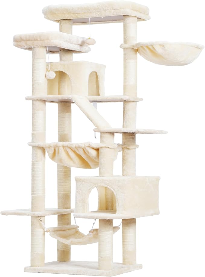 Heybly Cat Tree, 71-Inch-Tall Tower for Indoor Cats with 2 Perches HCT034M | Large Cat Furniture with 2 Big Condos, 2 Hammocks, Basket, Scratching Pad, Multi-Level Cat Condo, Beige