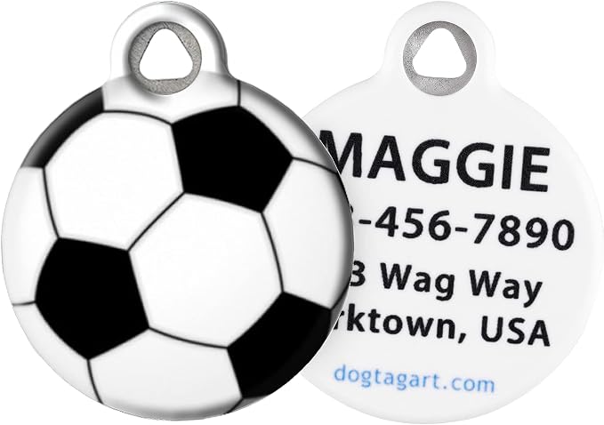 Soccer Ball Sports Themed Pet ID Tag for Dogs and Cats, Silent Dog Tag with Customized Identification Information - Small .875" Diameter