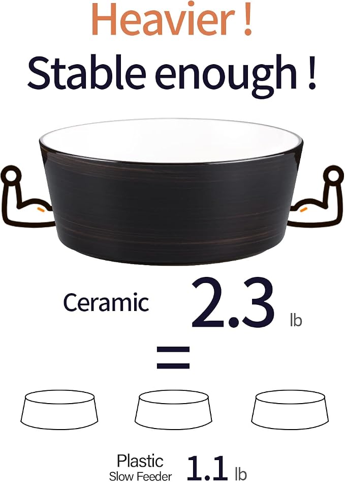 Black Elevated/Raised Dog Bowl Ceramic with Wood Stand for Medium Large Breed,Dog Food Water Dish Heavy Wighted,8 in Non Slip Modern Cute Porcelain Pet Bowl Wide Extra Large