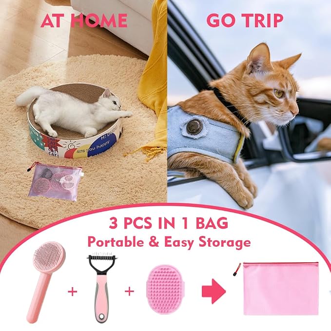 Cat Brush for Shedding 5pcs - Long Haired Cats Brush, Indoor Cats Brush, Small Dogs Brush, Matted Fur Hair Brush with Flea Comb Set, Pink