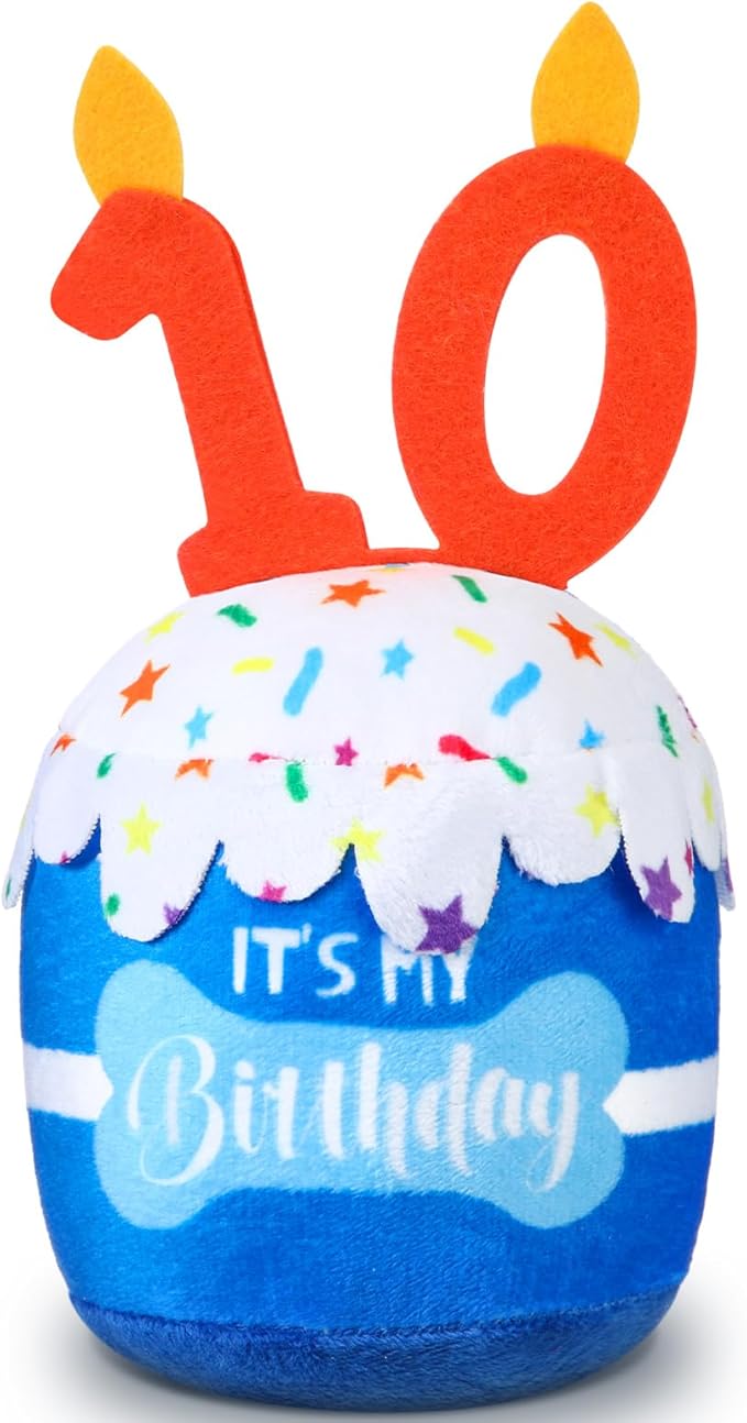 Dansydaisy Dog Birthday Cake Toy Squeaky Plush Toy for Girl Boy Gifts, Chew Accessories for Dog Birthday Party Decor Favor for Large, Medium and Small Dogs(10th,Blue)