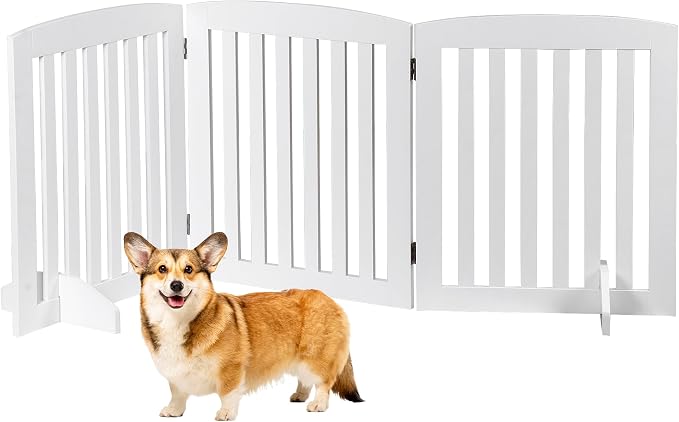ZENY 24 Inch Pet Dog Gate, Foldable Freestanding Dog Door 3 Panel, White Wooden Z Shape Step Over Pet Fence for Entryway, Stairs, Doorway, White