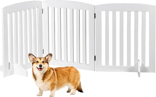 ZENY 24 Inch Pet Dog Gate, Foldable Freestanding Dog Door 3 Panel, White Wooden Z Shape Step Over Pet Fence for Entryway, Stairs, Doorway, White