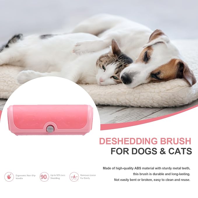 Dog and Cat Deshedding Brush for Short Hair Pets, Pink | Metal shedding blade for loose fur, short to medium coats and daily grooming