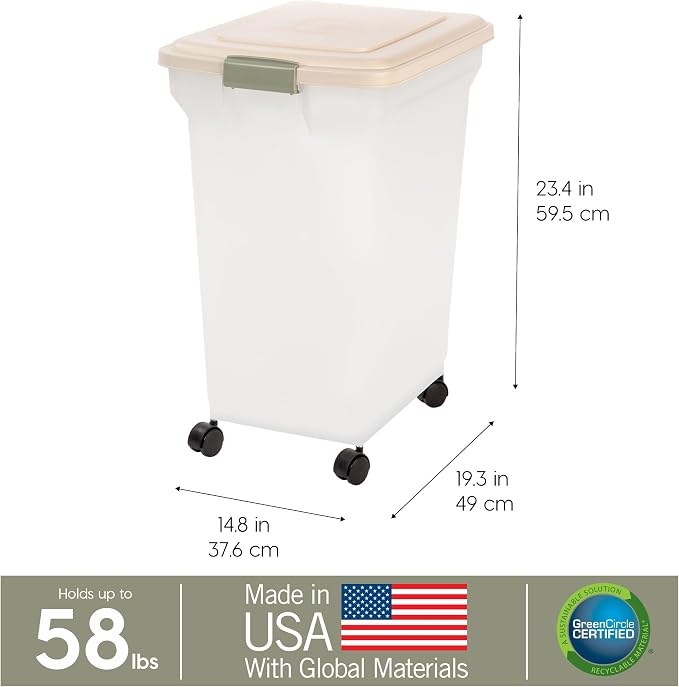 IRIS USA Dog Food Storage Container, Up to 58lbs, Almond/Pearl, Made in USA | Wheels for Mobility, Airtight Seal, BPA-Free, Best for Bird Seed, Cat food, Cat Litter, Chicken Feed, Pellets