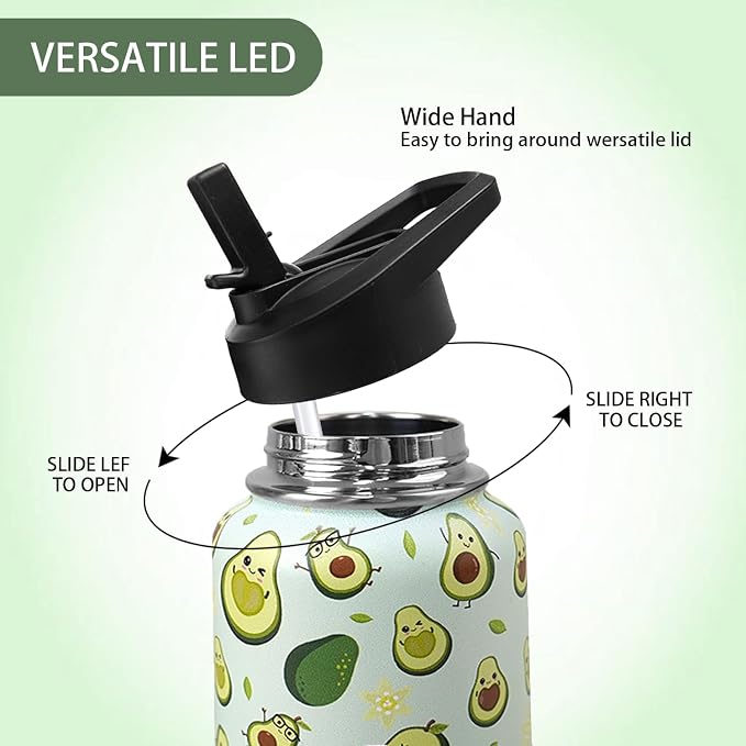 32oz Green Avocado Stainless Insulated Aater Water Bottle with Straw,Green Avocado Gym Hiking Sports Coffee Mug Cup Water Bottles,Avocado Themed Gifts for Women,Avocado Decor Stuff Accessories