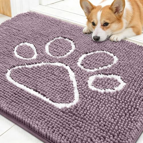 OLANLY Dog Door Mat for Muddy Paws 30x20, Paw Print Design Chenille Mud Mat