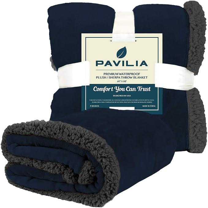 PAVILIA Waterproof Blanket for Couch, Sofa | Pet Protector for Large Dog, Puppy, Cat | Plush Soft Warm Fuzzy Sherpa Throw, Navy, 60x80