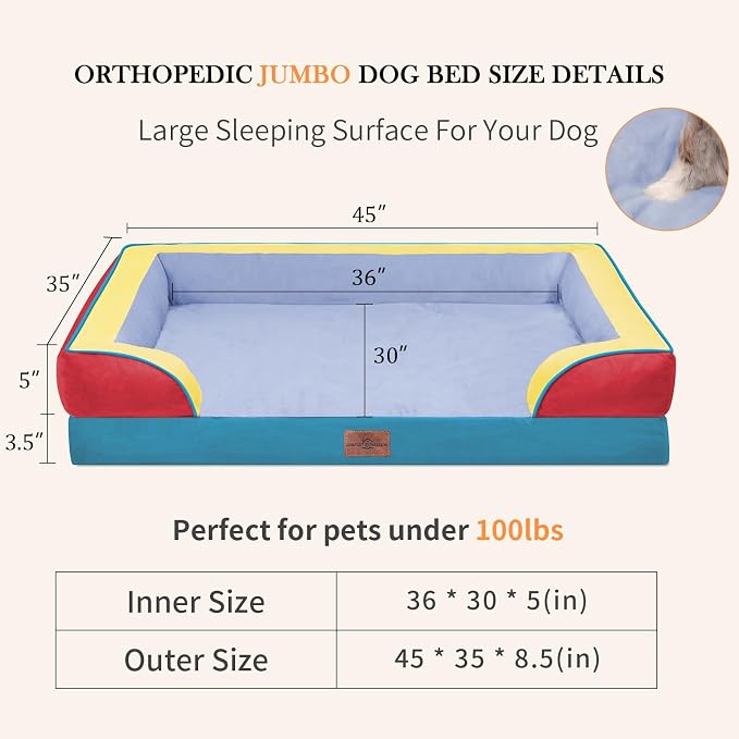 Comfort Expression Orthopedic Dog Bed for Extra Large Dogs with Bolster | Waterproof Dog Couch Bed with Washable Cover & Non-Slip Bottom, Supportive Egg Crate Foam XL Pet Bed, 45x35 Inch