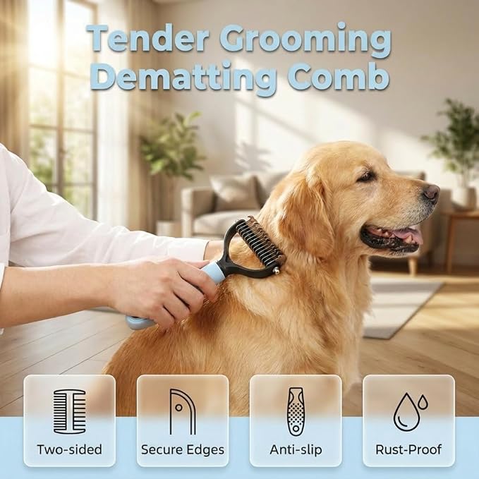 Dematting Comb for Dogs and Cats, 2026 Upgraded Pet Pro Tool Grooming, Dual-Sided Deshedding and Dematting Brush, Ergonomic Pet Grooming Brush, Gentle Pet Hair Remover Comb