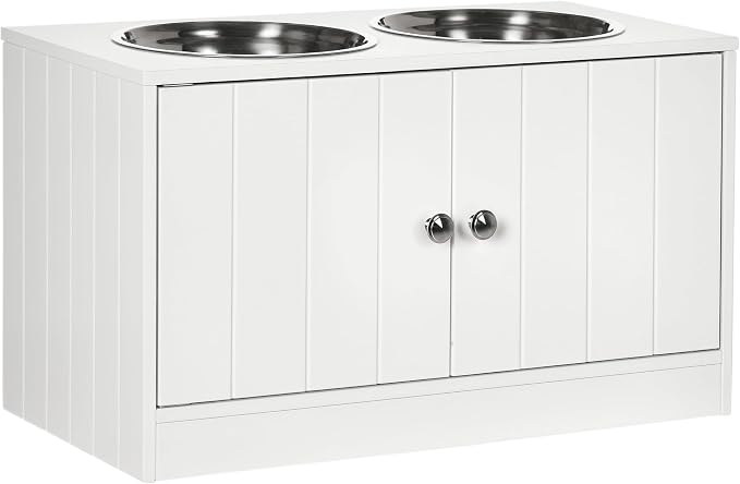 PawHut Large Elevated Dog Bowls with Storage Cabinet Containing Large 44L Capacity, Raised Dog Bowl Stand Pet Food Bowl Pet Feeding Station, White | Raised Dog Bowl Stand, Pet Feeding Station