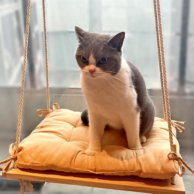 Cat Window Perch with Gunny Rope and Thick Cushion, Wooden Cat Hammock for Window, Bed for for Small Medium Indoor Cats
