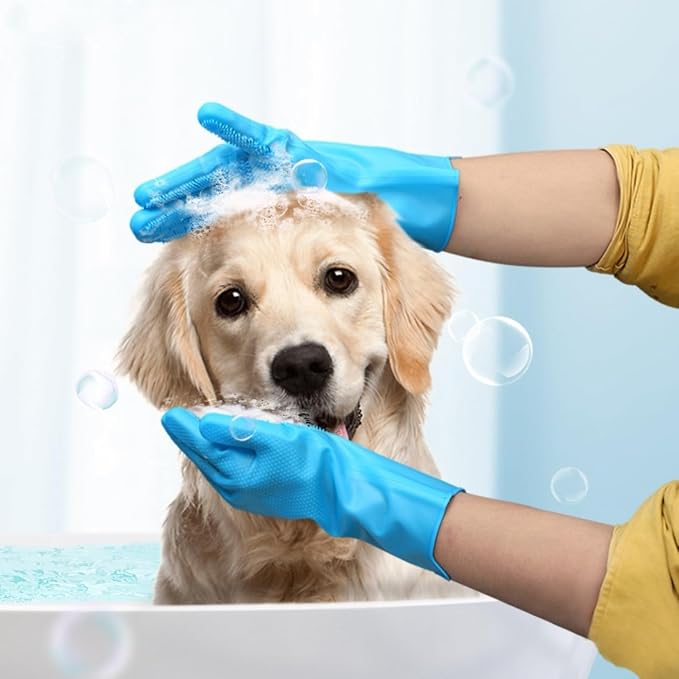 Pet Grooming Gloves & Brush Kit – 2-in-1 – Dog Washing Gloves Deshedding and Bathing Set for Dogs & Cats – Soft, Heat-Resistant, Easy to Clean – Massage Gloves & Scrubber Brush for Pets