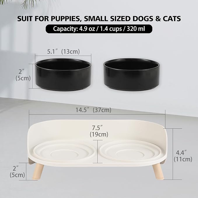 Raised Cat Food and Water Bowl Set - Elevated Ceramic Dishes with Non-Slip Stand and Splash Guard for Small Dogs - 2 x 320 ML (4.9 OZ) - Black