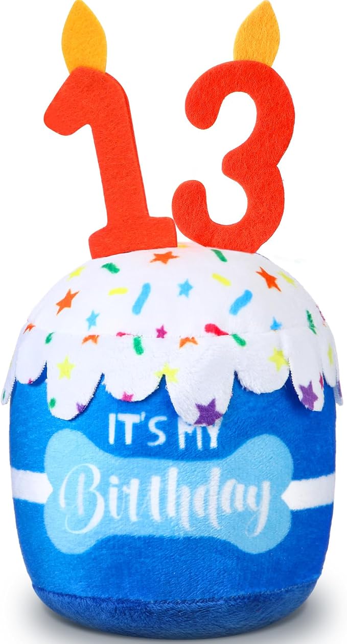 Dansydaisy Dog Birthday Cake Toy Squeaky Plush Toy for Girl Boy Gifts, Chew Accessories for Dog Birthday Party Decor Favor for Large, Medium and Small Dogs(13th,Blue)