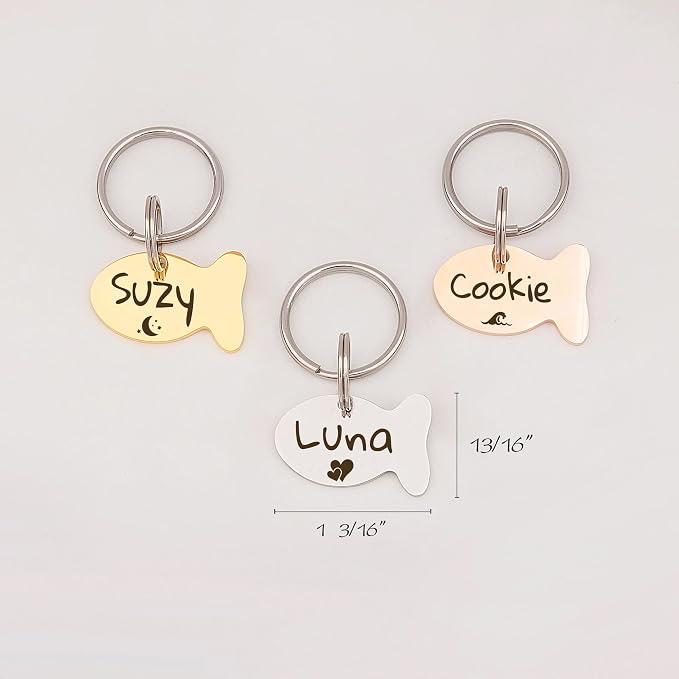 Anavia Cat Head & Fish Shape Pet ID Tags, Personalized Funny Icon Design Cat Name Tag, Customized Gold Plated Glossy Stainless Steel Black Rainbow Cat Dog Collar Tag (Small, Fish Shape, Rose Gold)