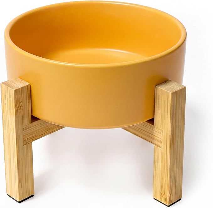 Elevated Ceramic Cat Bowl - Cat Food Bowl with Bamboo Stand - Raised Dog Dish for Puppies - Anti Vomiting, Stress Free - 13.5 oz / 400 ml - Yellow