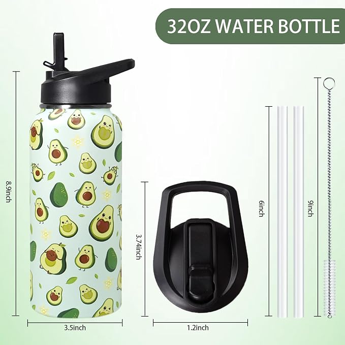 32oz Green Avocado Stainless Insulated Aater Water Bottle with Straw,Green Avocado Gym Hiking Sports Coffee Mug Cup Water Bottles,Avocado Themed Gifts for Women,Avocado Decor Stuff Accessories