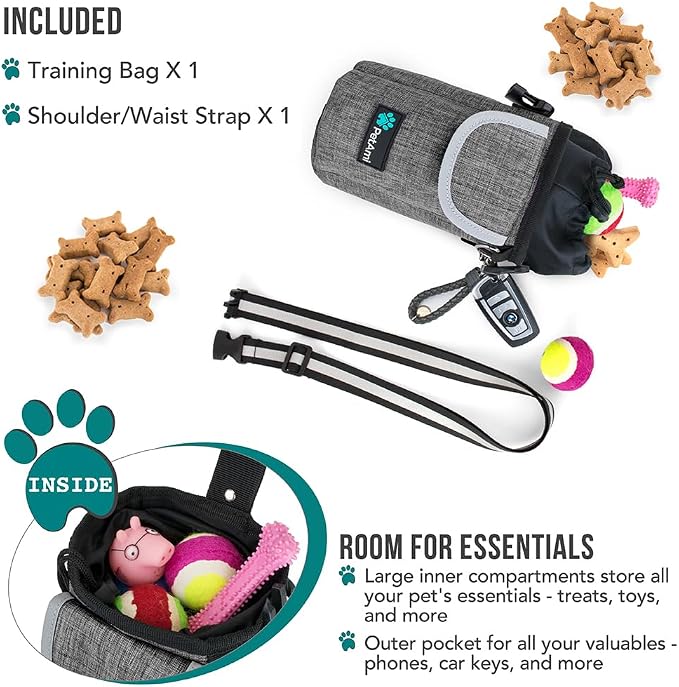PetAmi Dog Treat Pouch, Large Hands-Free Training Bag, Gray | Built-In Poop Bag Dispenser, Holds 3 Cups Of Treats, 4 Ways to Wear, D-Ring, Reflective Strap, Dog Treat Bag for Walking