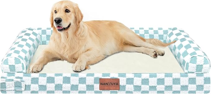 NANUYA Orthopedic Dog Bed for Large Dogs, 36 x 27 Inch, Green Grid | Egg crate foam for joint support, 3-sided bolster pet sofa, waterproof lining, washable cover, and non-skid base