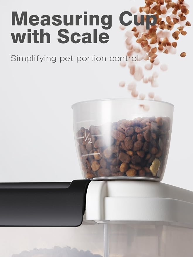 LivLab Mker 20 lb Stackable Pet Food Storage Containers, 3 Pack | Three stackable airtight bins hold 4, 6, and 10 lb for 20 lb total; includes 3 measuring cups and clear BPA-free bodies.