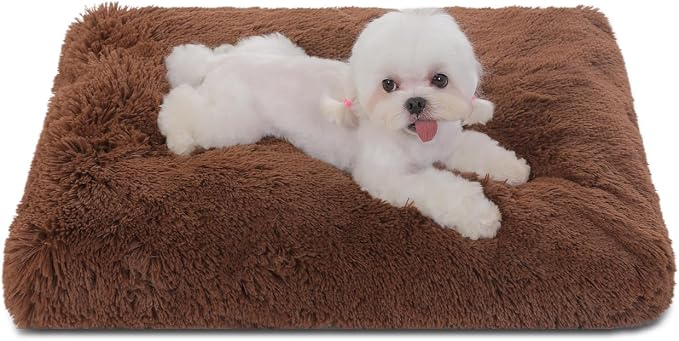 Bedfolks Waterproof Dog Crate Bed, Plush Dog Pad, 23"x18", Solid Brown | Faux Fur Plush Cover, Removable Washable Outer, Waterproof Inner Lining, Non-Slip Base, Crate Pad and Dog Pillow