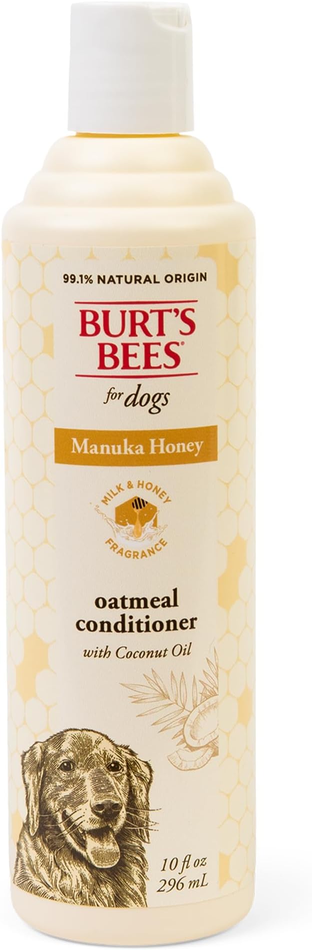 Burt's Bees Manuka Honey Oatmeal Dog Conditioner, Coconut Oil, 10 Fl Oz | Colloidal oatmeal, 95 percent natural origin, free of sulfates, parabens, and phthalates, leaves coat soft and shiny