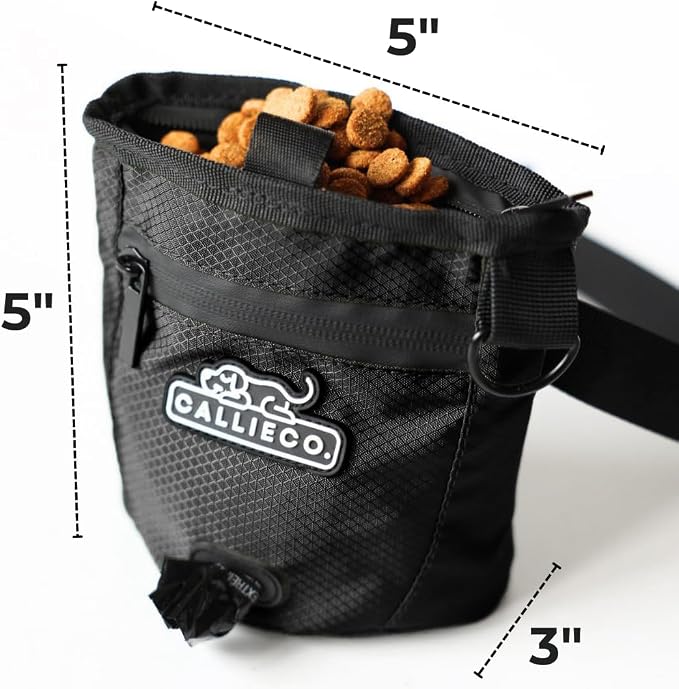 Callieco Mini Dog Treat Pouch with Magnetic & Zipper Closure | Small Waist Belt Training Behavior Aid Bag for Dog Walking with Poop Bag Dispenser (Black)