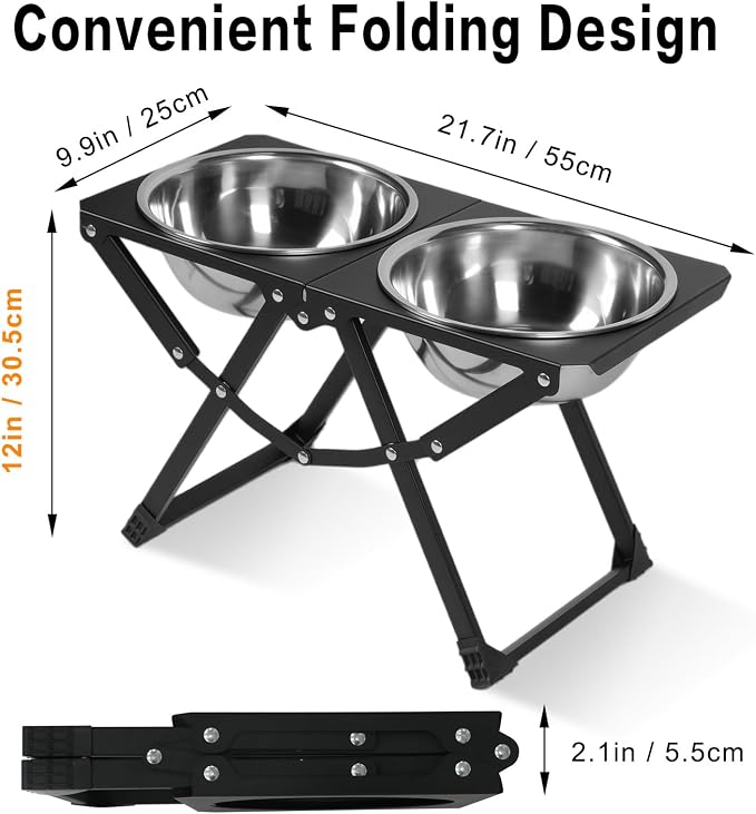 Foldable Elevated Dog Bowl Holder with 2 Large 85oz Stainless Steel Bowls, 12" Tall Raised Dog Bowl Stand for Large Breeds, Indoor and Outdoor Use