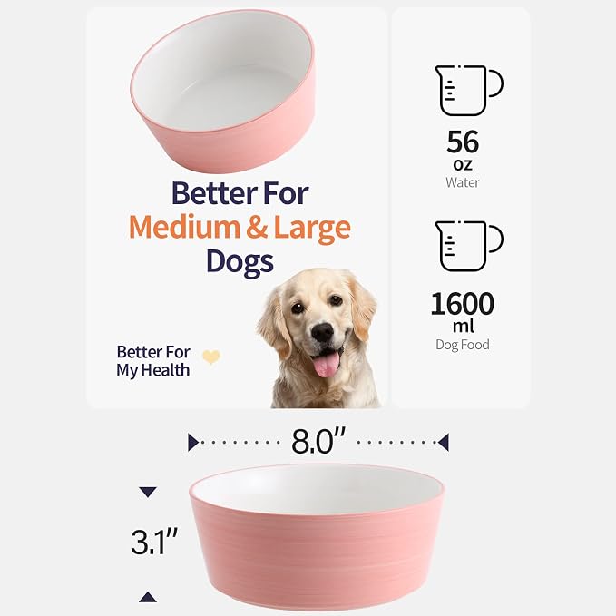Pink Elevated/Raised Dog Bowl Ceramic with Wood Stand for Medium Large Breed,Dog Food Water Dish Heavy Weighted,8 in Non Slip Modern Cute Porcelain Pet Bowl Extra Large Wide