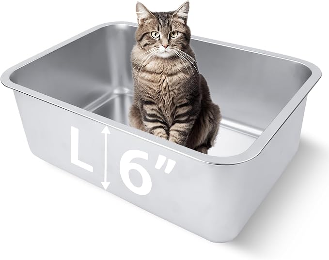 Stainless Steel Cat Litter Box for Adult Cats or Kitty/Kitten 18"x14"x6" Rust-Proof, High Side, Non Stick, No Smell, Easy to Clean Metal Cat Litter Box