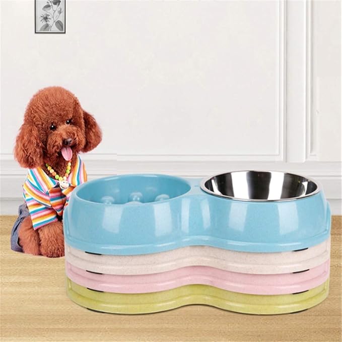 Tineer Double Pet Dog Slow Feeder Bowl,Stainless Steel Anti-Choke Puppy Food and Water Feeder for Dog Cats (Green)