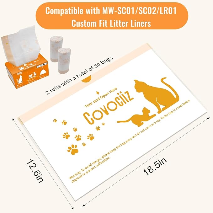 50 Pack Cat Litter Box Liners, Compatible with MeoWant SC01/C02/LR01 Litter Bags, Extra Thick Drawstring Heavy Duty Cat Waste Bags, 18.5" x 12.6"