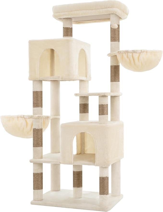 Heybly 68.1" Cat Tree with Oversized Top Platform & Wide Base HCT059MJ | Heavy Duty Cat Tower for Large Indoor Cats with 2 Condos, 2 Hammocks, 10 Sisal Scratching Posts, Stable Cat House, Beige