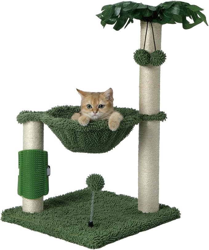 MECOOL Small Cat Tree Tower Scratching Post with Hammock for Indoor Kittens and Small Cats up to 7lb,Self-Massage Bursh Hanging Ball Toys,Monstera deliciosa Green