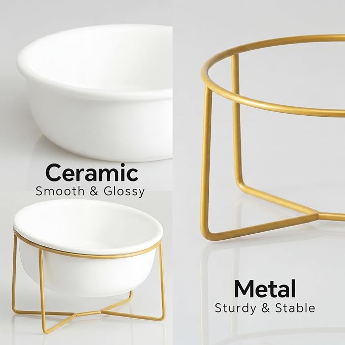 White Small Ceramic Tilted Elevated Cat Dog Bowl Raised Cat Food Water Bowl Dish Pet Comfort Feeding Bowls with Gold Iron Stand
