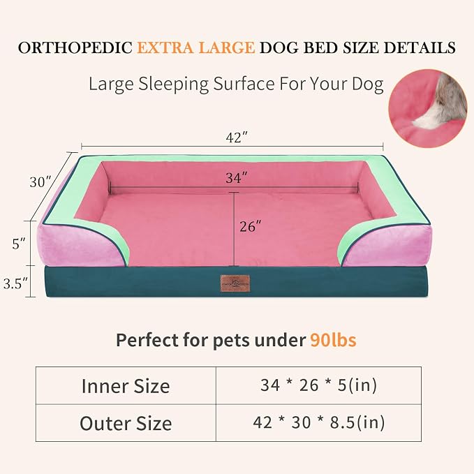 Comfort Expression Orthopedic Dog Bed for Extra Large Dogs with Bolster | Waterproof Dog Couch Bed with Washable Cover & Non-Slip Bottom, Supportive Egg Crate Foam XL Pet Bed, 42x30 Inch