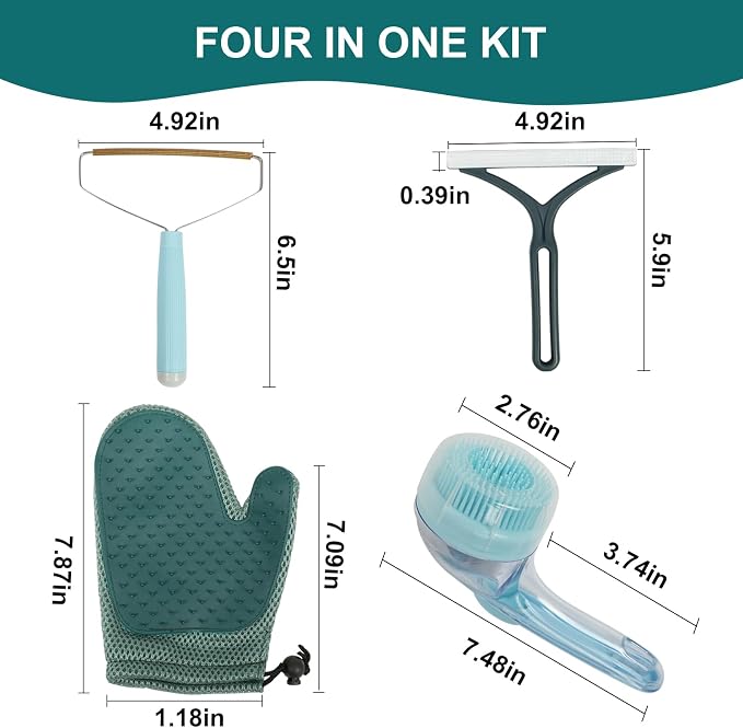 Pet Hair Remover Kit for Dogs & Cats, Reusable Grooming Set | Includes 2 Lint Removers, A Grooming Glove And Bath Brush For Removing Pet Hair From Couches, Carpets, Clothing And Furniture