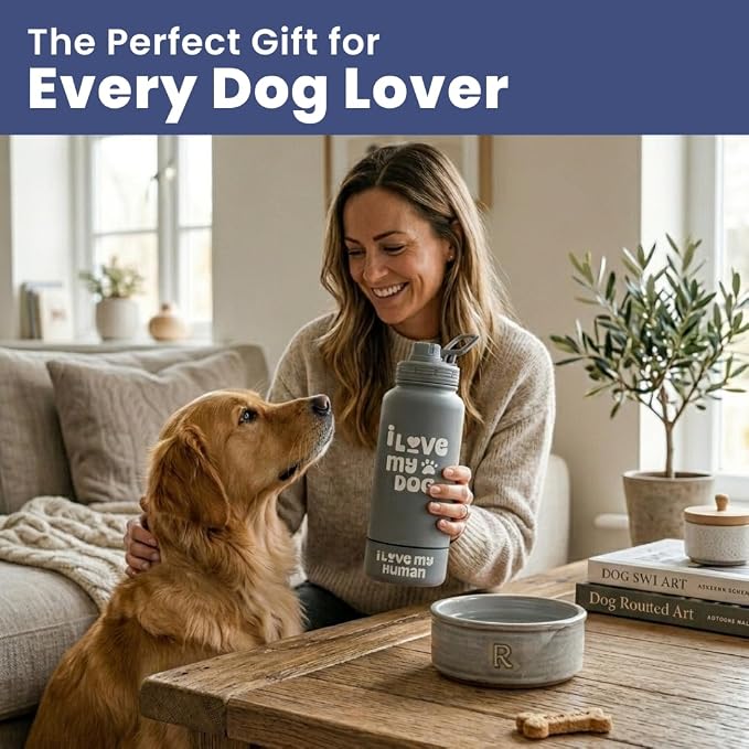 Dog Water Bottle for Dog Lovers - 32 oz Stainless Steel Double Wall Insulated Water Bottle with 8 oz Detachable Bowl on Bottom- Ideal Doggy Lover Gift for Hiking, Walking, Travel - “Love" Smoky Grey