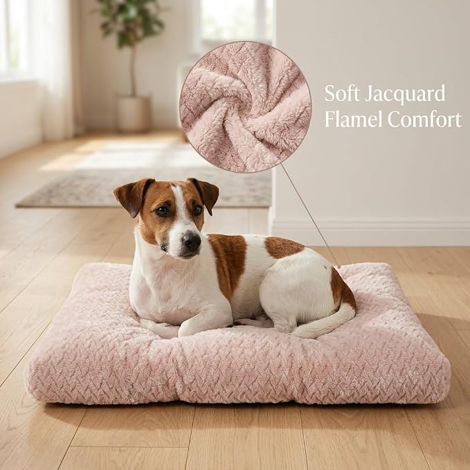 24 Inch Dog Crate Bed for Small Dogs, Washable Dog Crate Pad for Dog Cages, Soft Jacquard Flannel Kennel Mat with Anti-Slip Bottom, Fluffy Crate Mat for Puppies and Small Dogs,Pink