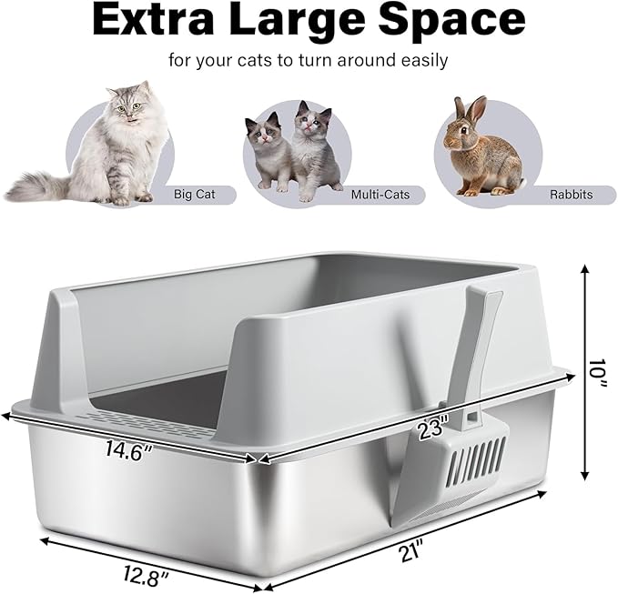 XL Stainless Steel Litter Box with Lid, Extra Large Cat Litter Box | Metal Cat Litter Box for Big Cats with High Sides, Anti-Urine Leakage,Easy Cleaning, Non-Stick, Include Scoop and Mat