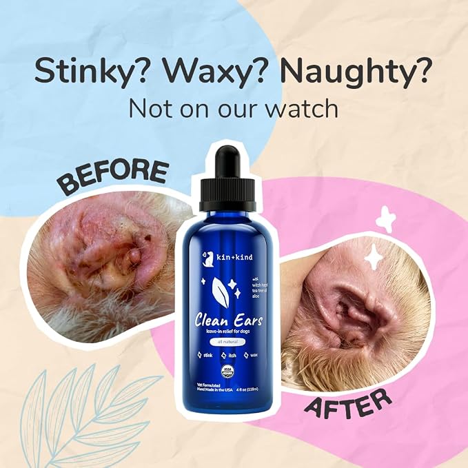 kin+kind Clean Ears - Natural Leave-in, No-Rinse Dog Ear Cleaner Solution - USDA Organic, Non-Greasy - 4 fl oz