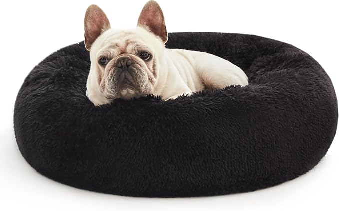 Love's cabin Calming Cat Bed for Indoor Cats, Anti-Anxiety Donut Round Dog Bed,Fluffy Faux Fur Washable Pet Bed for Small Medium Dogs and Cats, Black, 24in