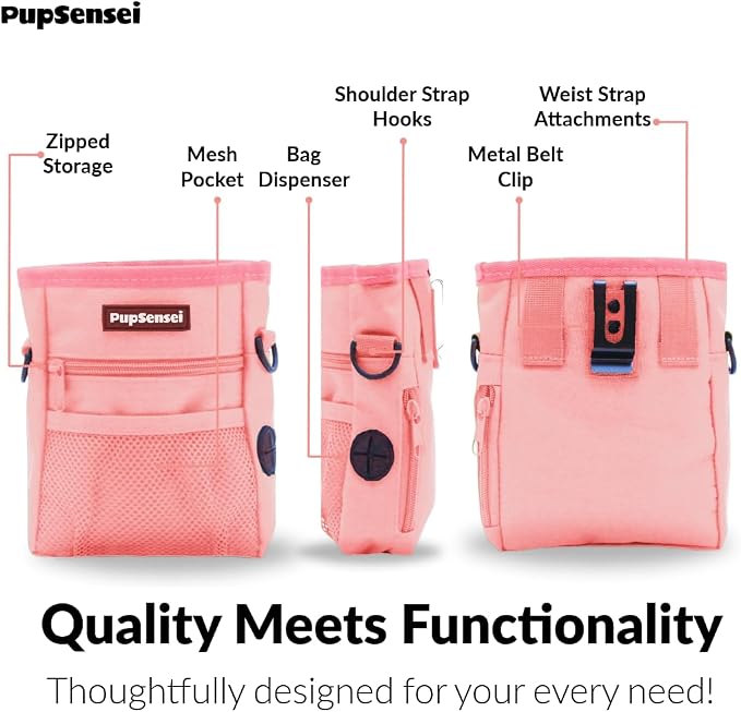 Dog Treat Pouch for Training – Magnetic Dog Treat Bag with Belt Clip & Poop Bag Dispenser – Hands Free Carry Pouch with Auto-Close Access & Shoulder Strap – Durable Pet Gear –Light Pink