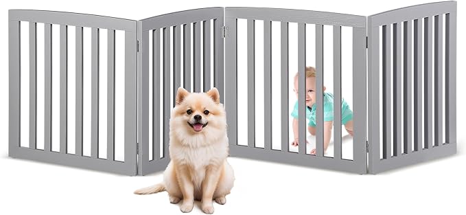 ZENY 24 Inch Pet Dog Gate, Foldable Freestanding Dog Door 4 Panel, White Wooden Z Shape Step Over Pet Fence for Entryway, Stairs, Doorway (Grey)
