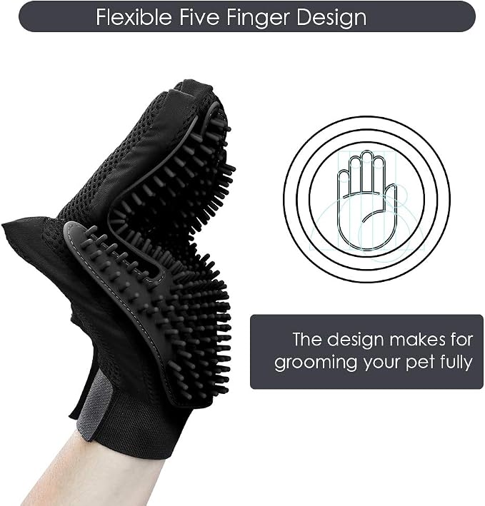 Pet Hair Removal Glove with 255 Silicone Tips for Dogs & Cats, 1 Pair Black | 2-in-1 Deshedding & Massage Mitt, 5-Finger Flexible Design, for Bathing & Grooming, Safe for Long/Short/Curly Hair Pets