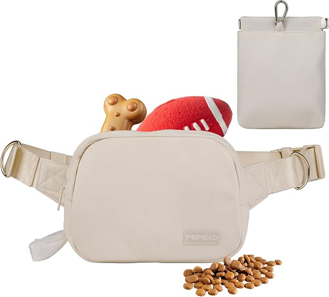 Prpeko Dog Treat Pouch Fanny Pack,Treat Pouches for Pet Training with Removable Snack Pouch,Pet Waist Belt with Poop Bag Dispenser,Dog Walking Training Bag (Beige)