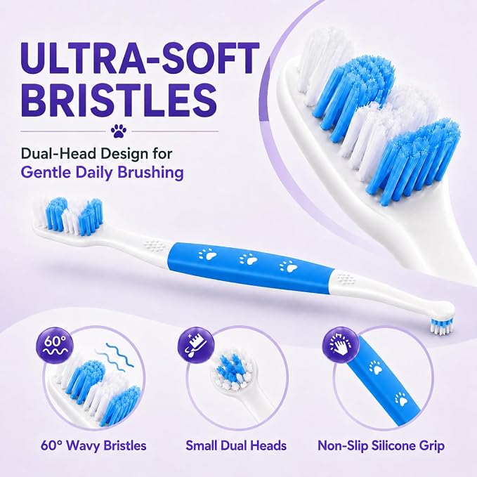 Dog Toothbrush, Dual-Head, for Medium-Large Dogs, Blue | Soft Bristles for Gentle Cleaning, 60° Curved Bristles for Better Coverage ,Comfortable for Sensitive Gums