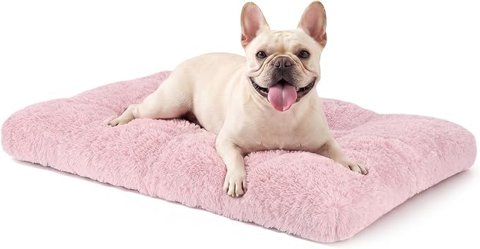 JOEJOY Dog Bed Crate Pad, Deluxe Plush Washable Dog Beds Fulffy Soft Kennel Pad Anti-Slip Pet Sleeping Mat for Medium Small Dogs, 29" x 21", Pink